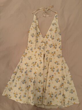 Zara Cream Floral Halter Mini Dress with Yellow & Blue Flowers